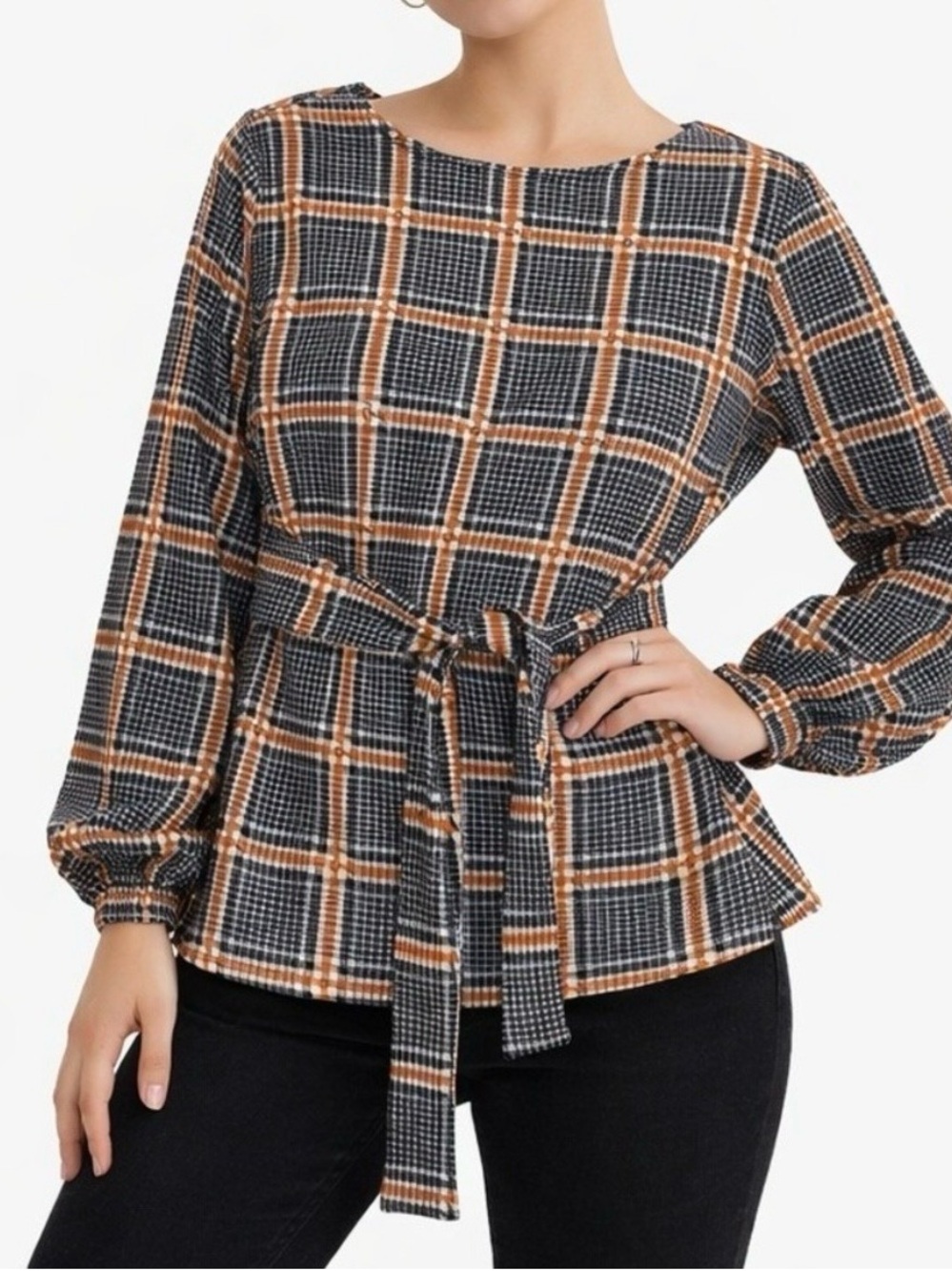Worthington black orange houndstooth print self tie waist office career blouse M